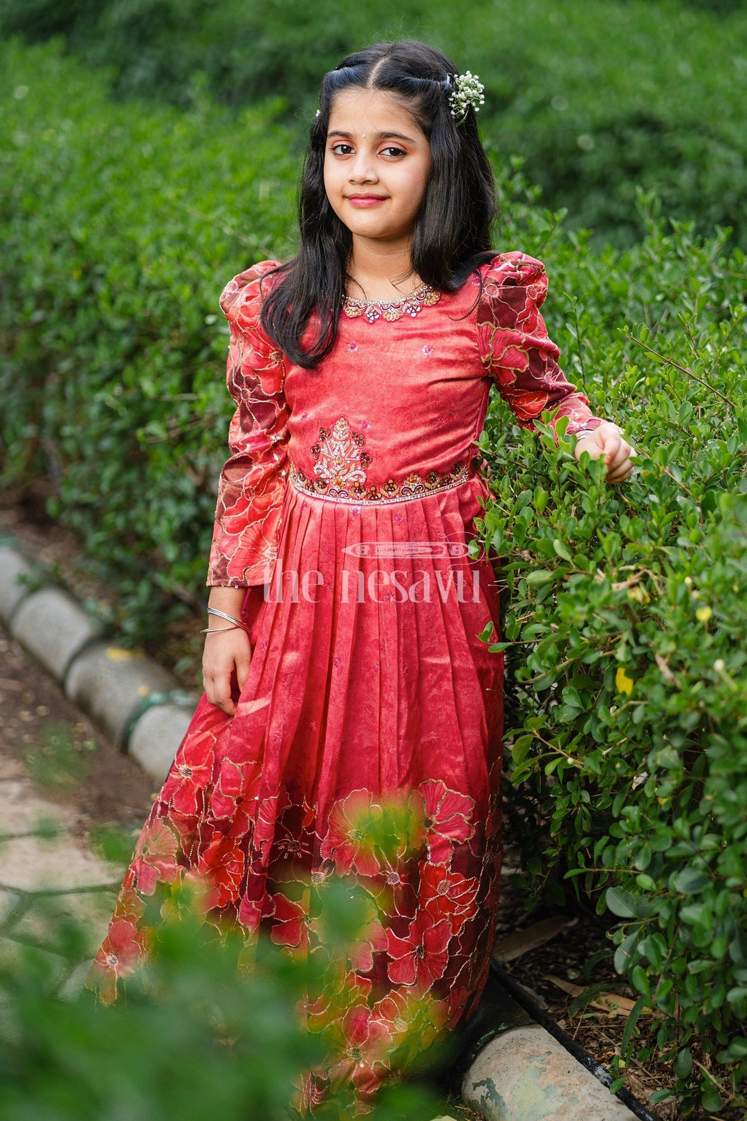The Nesavu Girls Party Gown Pink Velvet Girls Party Gown with Embroidered Bodice and Pleated Skirt for Winter Weddings Nesavu 24 (5Y) / Pink GA266A-24 Nesavu Pink Velvet Girls Party Gown Floral Embroidery Pleated Skirt Winter Weddings
