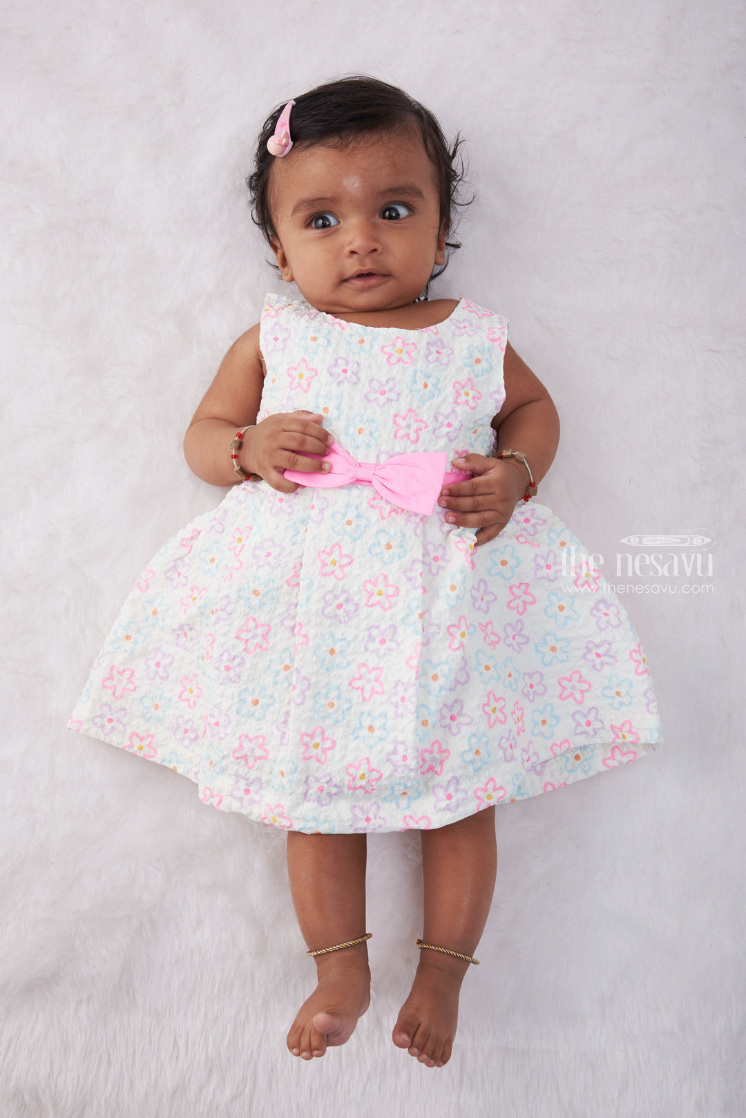 The Nesavu Baby Fancy Frock Pink-White Designer Lucknow Chikan Dress for Babies Nesavu 14 (6M) / multicolor BFJ439A-14 New Born Baby Frock Online | Floral Pink Baby Frock | The Nesavu