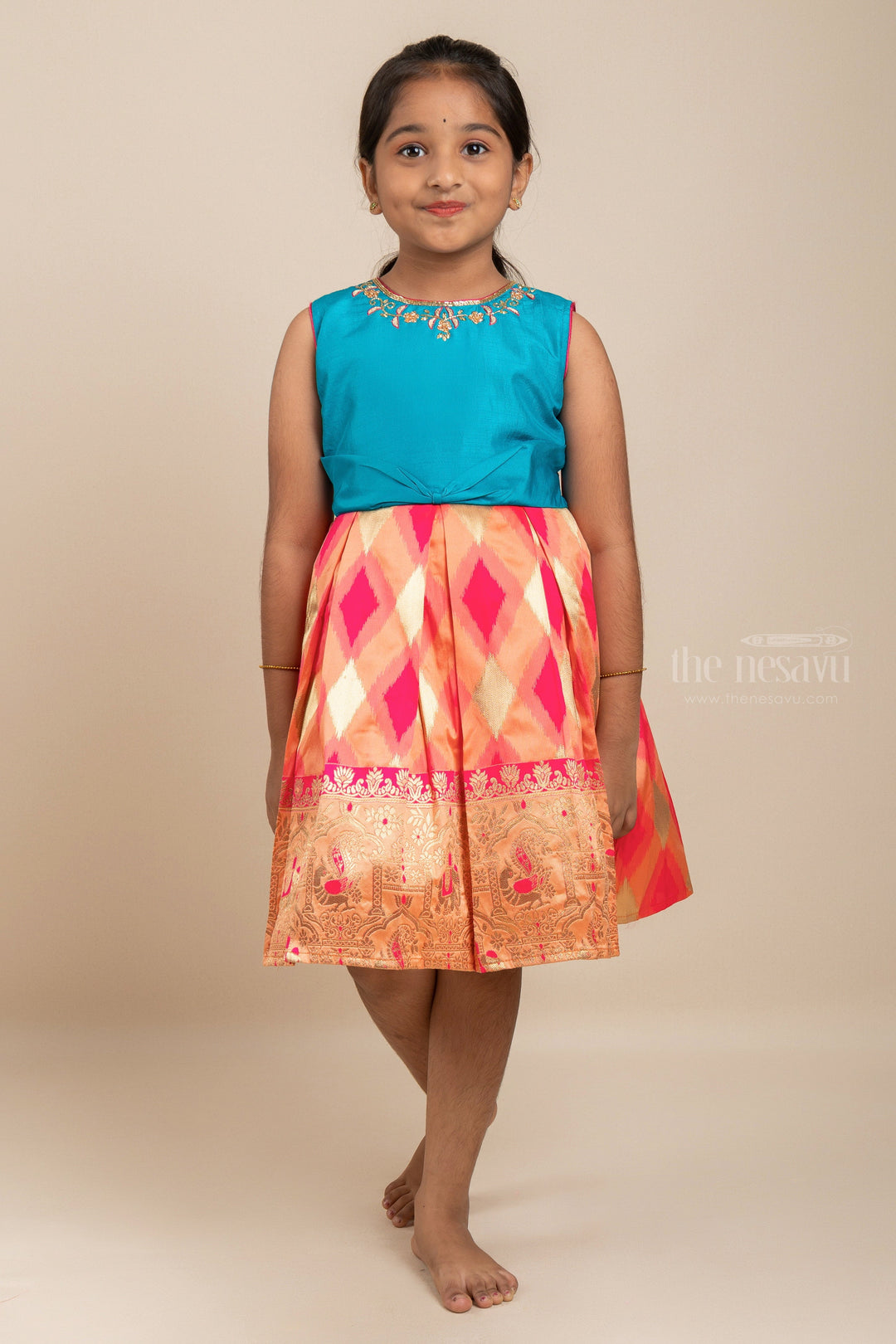 The Nesavu Silk Party Frock Pink With Blue Embroidery Designer Long Border Banarasi Silk Frock For Girls Nesavu 14 (6M) / multicolor SF437A-14 Dresses For Baby Girls Online | Festive Wear Dress Design Ideas Online | The Nesavu