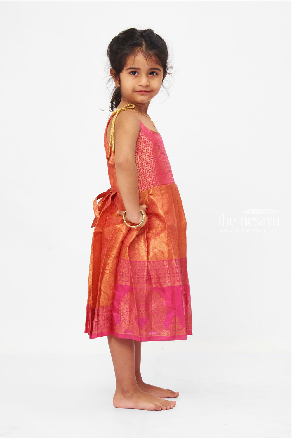The Nesavu Tie-up Frock Pink With Gold Union Brocade Printed Banaras Tie-Up Frocks For Girls Nesavu Kids Traditional Festive Wear | Latest Tie-Up Silk Gowns 2023 | The Nesavu