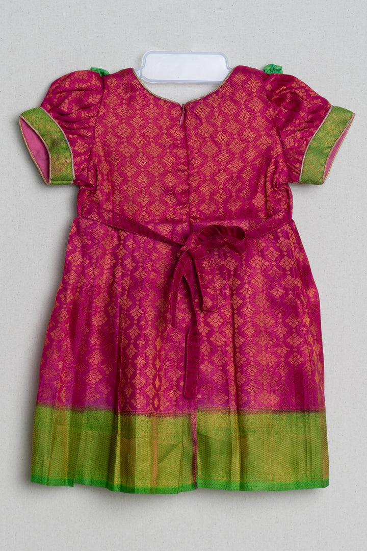 The Nesavu Girls Kanchi Silk Frock Pink with Parrot Green Light Weight Soft Banarasi Pattu / Silk Frock for Little Girls Nesavu Latest Silk frock Collection | Green Silk frock | The Nesavu
