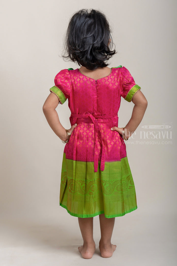 The Nesavu Girls Kanchi Silk Frock Pink with Parrot Green Light Weight Soft Banarasi Pattu / Silk Frock for Little Girls Nesavu Latest Silk frock Collection | Green Silk frock | The Nesavu