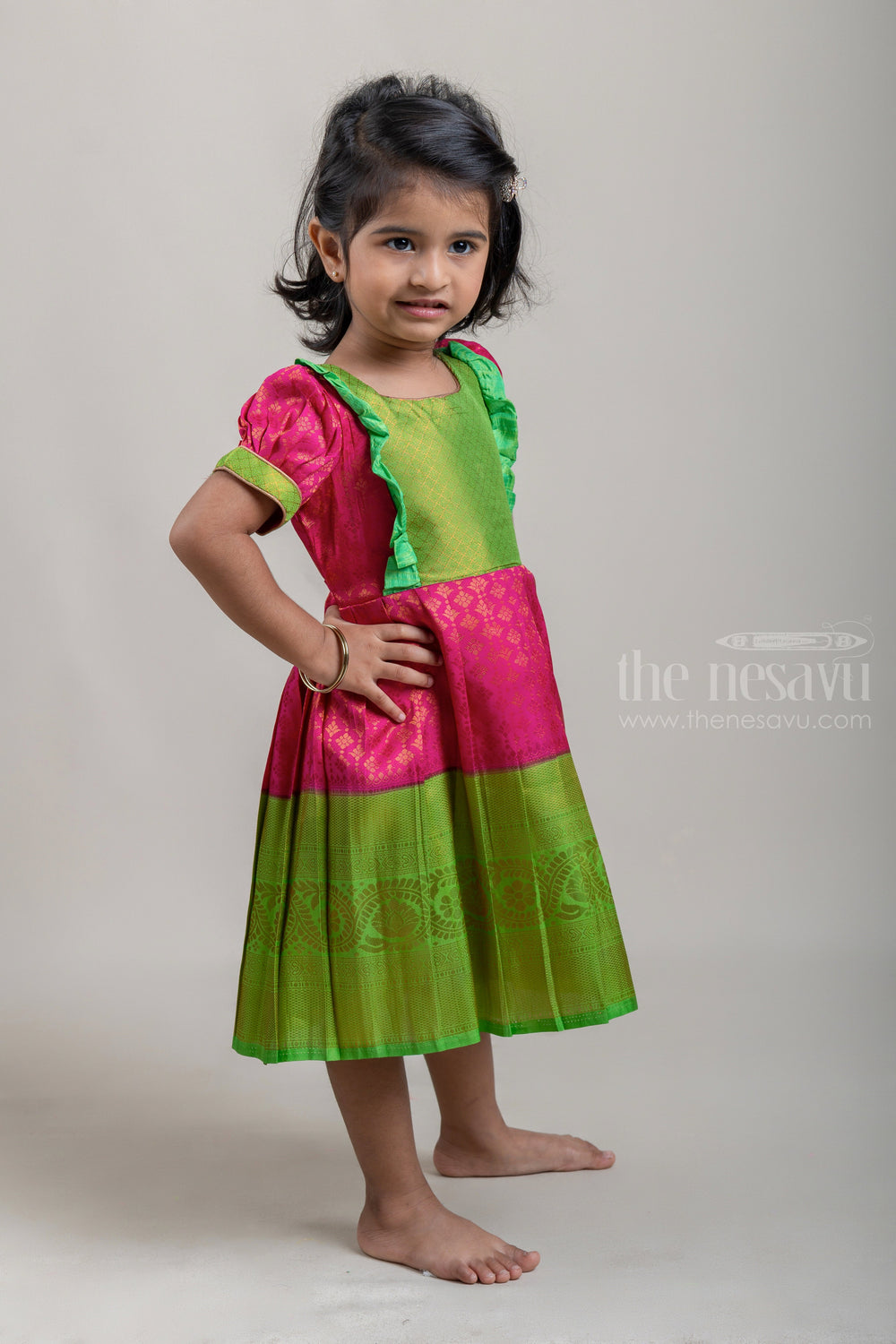 The Nesavu Girls Kanchi Silk Frock Pink with Parrot Green Light Weight Soft Banarasi Pattu / Silk Frock for Little Girls Nesavu Latest Silk frock Collection | Green Silk frock | The Nesavu