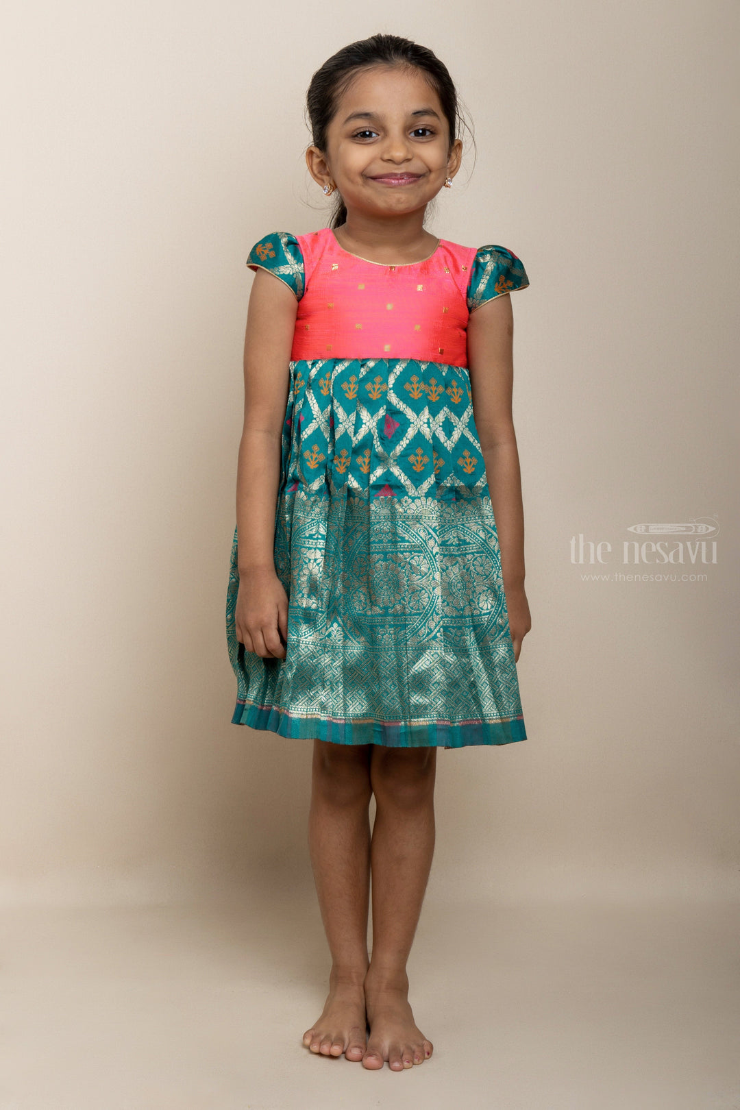 The Nesavu Silk Frock Pink With Peacock Blue Silk Cotton Gown For Baby Girls Nesavu 16 (1Y) / Green SF422B Peacock Blue Designer Silk Gown | Smart Ethnic Casual Dresses | The Nesavu