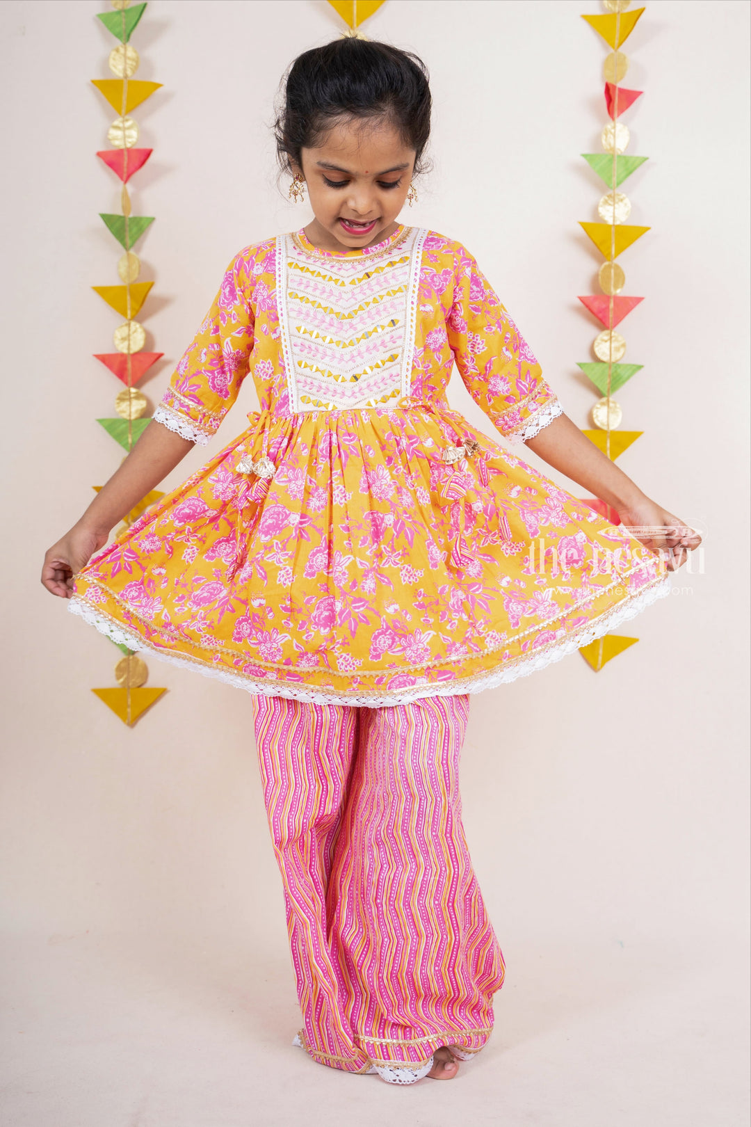 The Nesavu Girls Sharara / Plazo Set Pink With Yellow Soft Cotton Palazzo Designer Wear For Girls Nesavu 18 (2Y) / Pink GPS074-18 Pink Palazzo Party Wear Ideas | Designer Embroidery Dresses | The Nesavu