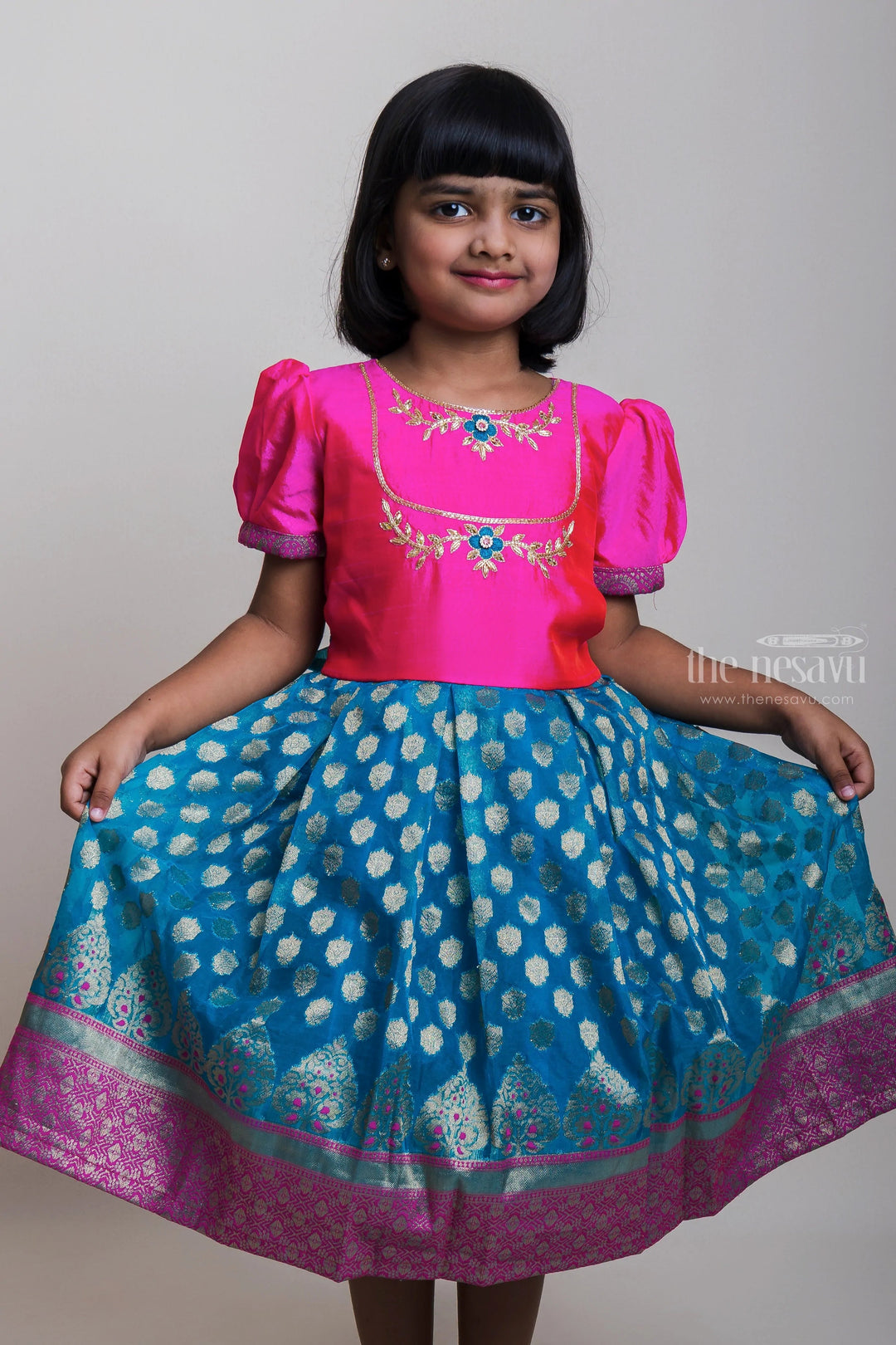 The Nesavu Silk Party Frock Pink Yoke With Embroidery Design And Zari Border Blue Semi-Silk Frocks For Girls Nesavu 16 (1Y) / Blue SF489A-16 Designer Silk Frocks 2023| Festive Wear Collection| The Nesavu