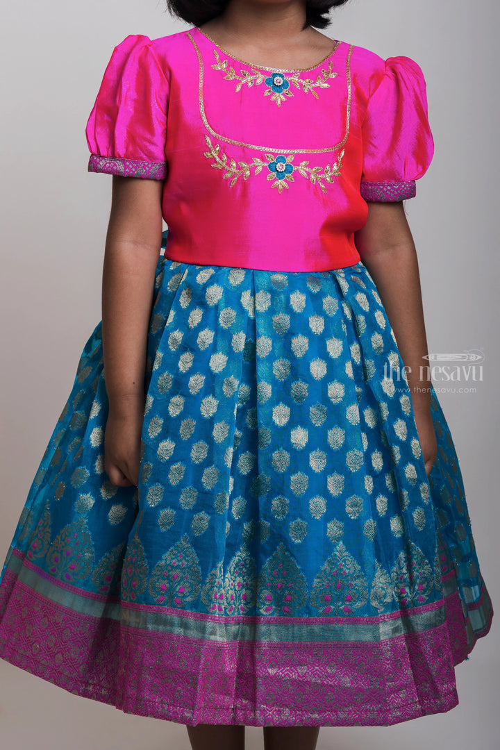 The Nesavu Silk Party Frock Pink Yoke With Embroidery Design And Zari Border Blue Semi-Silk Frocks For Girls Nesavu Designer Silk Frocks 2023| Festive Wear Collection| The Nesavu