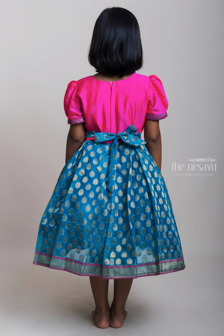 The Nesavu Silk Party Frock Pink Yoke With Embroidery Design And Zari Border Blue Semi-Silk Frocks For Girls Nesavu Designer Silk Frocks 2023| Festive Wear Collection| The Nesavu