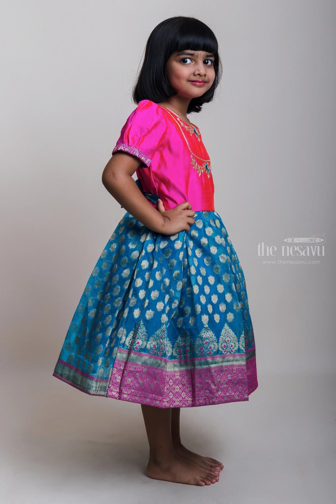 The Nesavu Silk Party Frock Pink Yoke With Embroidery Design And Zari Border Blue Semi-Silk Frocks For Girls Nesavu Designer Silk Frocks 2023| Festive Wear Collection| The Nesavu