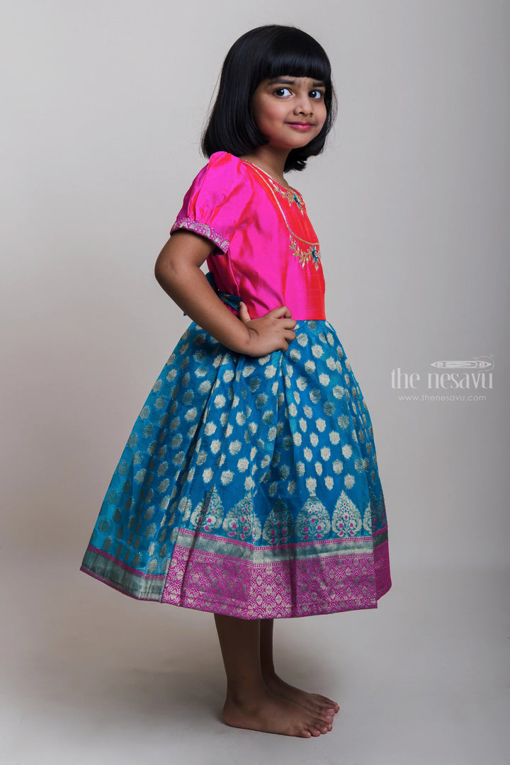 The Nesavu Silk Party Frock Pink Yoke With Embroidery Design And Zari Border Blue Semi-Silk Frocks For Girls Nesavu Designer Silk Frocks 2023| Festive Wear Collection| The Nesavu