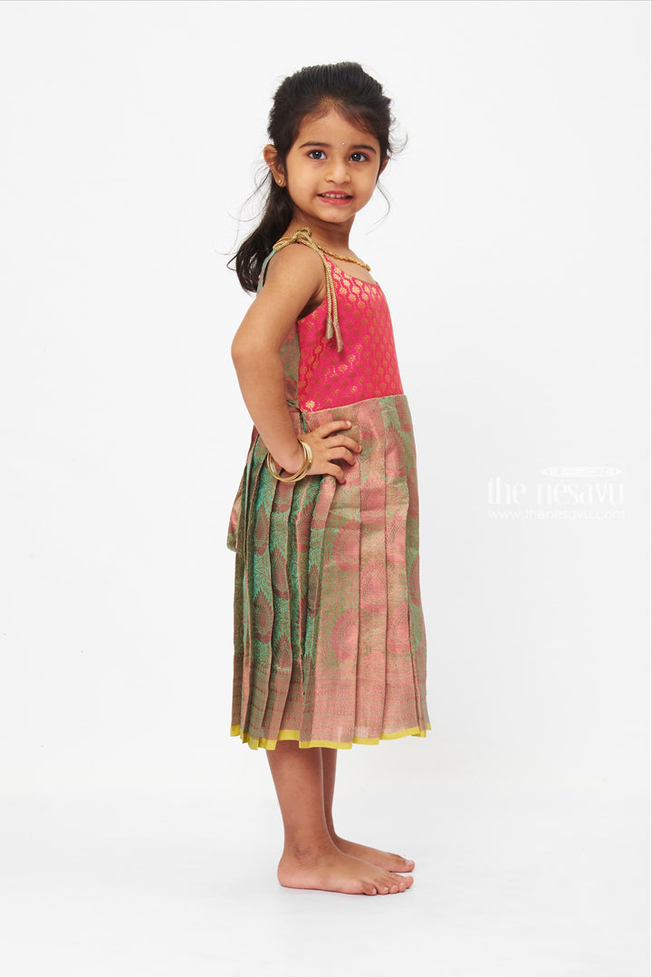 The Nesavu Tie-up Frock Pink Yoke With Jacquard Print And Green Silk Tie-Up Frocks For Girls Nesavu Captivating Pattu Frocks Online| Pillala Frocks| The Nesavu