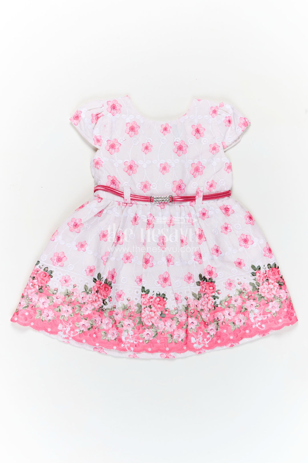 The Nesavu Baby Cotton Frocks Pinks Baby Outfits in Hakoba Cotton with Floral Embroidery and Satin Belt for Newborn Girls Nesavu 14 (6M) / Pink BFJ808B-14 Nesavu Pinks Baby Cotton Outfits Floral Embroidery Satin Belt Hakoba Fabric Newborn Girls