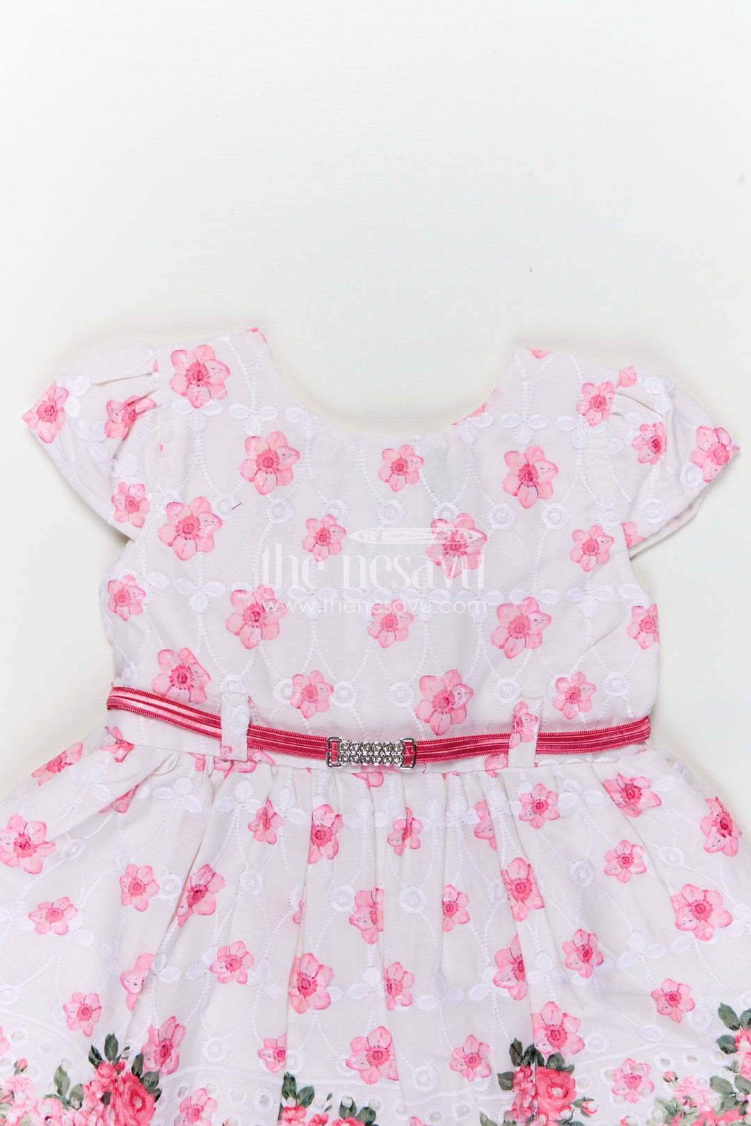 The Nesavu Baby Cotton Frocks Pinks Baby Outfits in Hakoba Cotton with Floral Embroidery and Satin Belt for Newborn Girls Nesavu Nesavu Pinks Baby Cotton Outfits Floral Embroidery Satin Belt Hakoba Fabric Newborn Girls