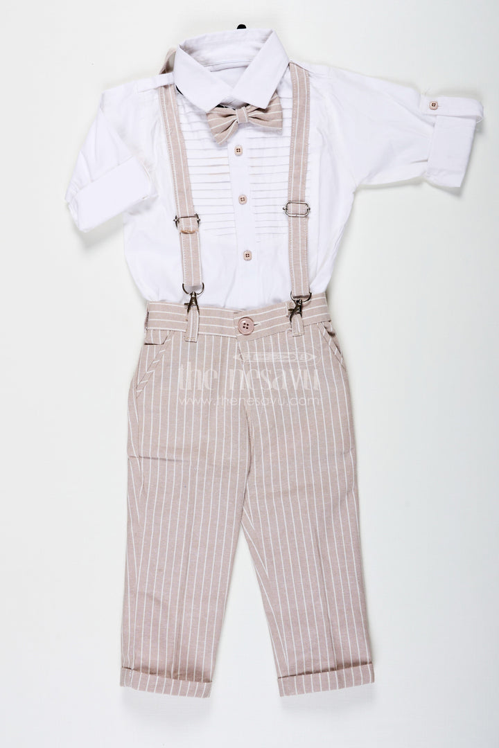 The Nesavu Boys Casual Set Pintucks Design Boys Cotton Shirt Set with Beige Striped Pants Bow Tie and Cap for Classic Casual Look Nesavu 16 (1Y) / Beige BCS233A-16 Nesavu Pintucks Design Boys Shirt Set with Beige Striped Trousers Bow Tie Suspenders and Cap
