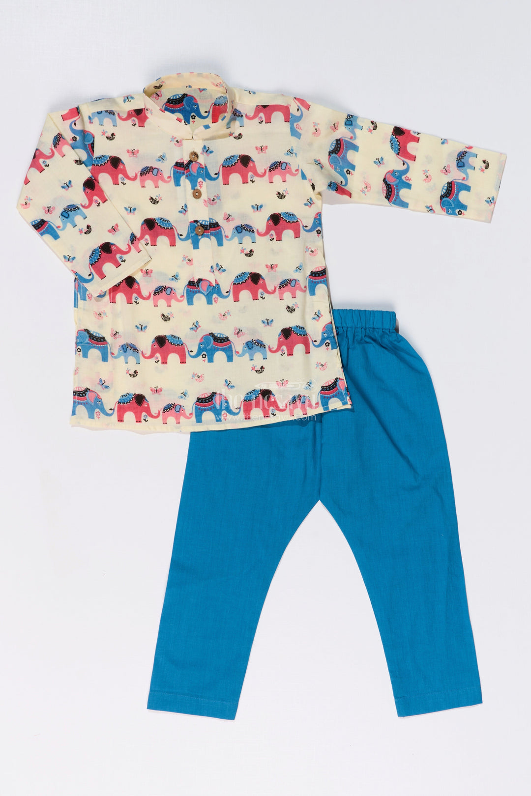 The Nesavu Boys Kurtha Set Playful Boys Cotton Printed Kurta Set with Elephant Motifs for Festive Wear Nesavu 12 (3M) / Multicolor BES658A-12 Nesavu Boys Cotton Printed Kurta Set Elephant Motifs Contrasting Pants