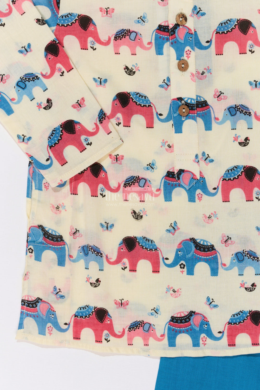 The Nesavu Boys Kurtha Set Playful Boys Cotton Printed Kurta Set with Elephant Motifs for Festive Wear Nesavu Nesavu Boys Cotton Printed Kurta Set Elephant Motifs Contrasting Pants