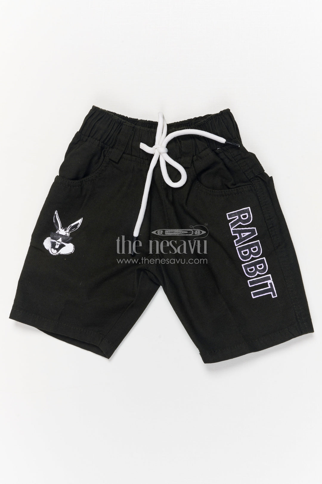 The Nesavu Boys Shorts Playful Boys Shorts in Soft Cotton with Elastic Waist and Bold Text Nesavu 14 (6M) / Green / Cotton BWS066E-14 Kids cotton shorts for boys with rabbit print and drawstring – everyday casual wear