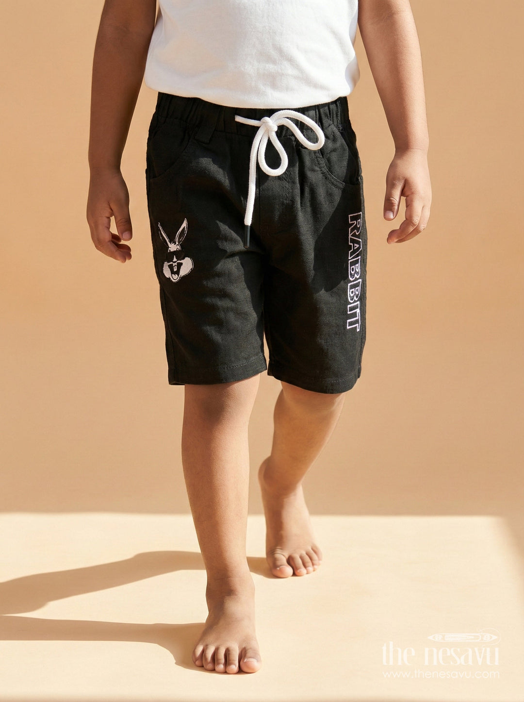 The Nesavu Boys Shorts Playful Boys Shorts in Soft Cotton with Elastic Waist and Bold Text Nesavu 14 (6M) / Green / Cotton BWS066E-14 Kids cotton shorts for boys with rabbit print and drawstring – everyday casual wear