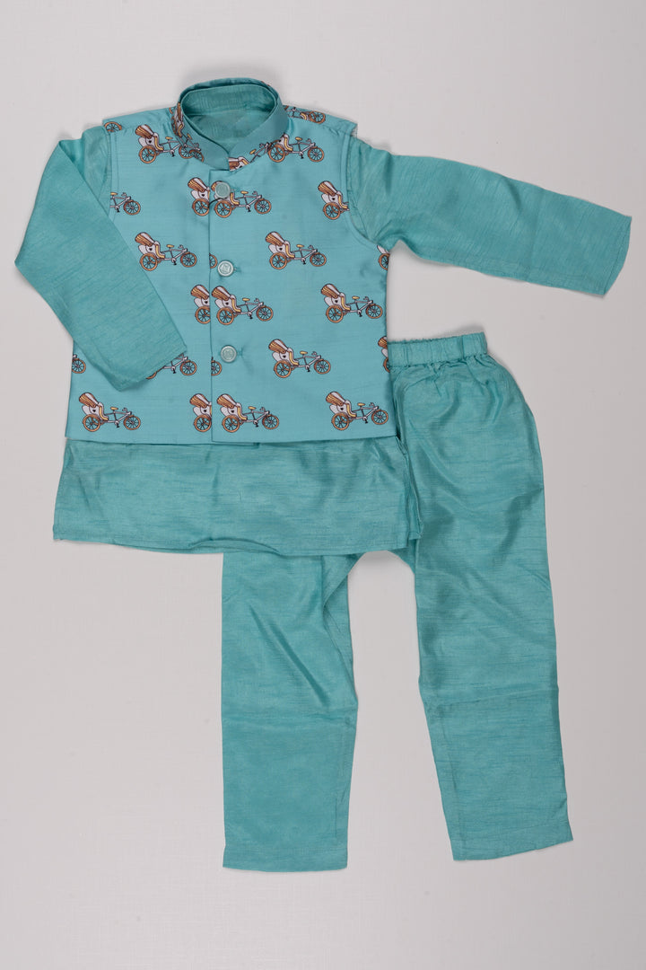 The Nesavu Boys Jacket Sets Playful Cartoon Printed Overcoat with Mandarin Collar Blue Kurta Pant Set for Boys Nesavu 12 (3M) / Blue / Silk Blend BES403A-12 Boys Cartoon-Printed Overcoat with Blue Mandarin Collar Kurta Pant Set: Traditional Kids' Wear Fusion-The Nesavu