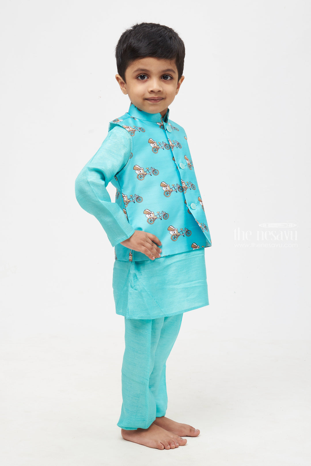 The Nesavu Boys Jacket Sets Playful Cartoon Printed Overcoat with Mandarin Collar Blue Kurta Pant Set for Boys Nesavu Boys Cartoon-Printed Overcoat with Blue Mandarin Collar Kurta Pant Set: Traditional Kids' Wear Fusion-The Nesavu