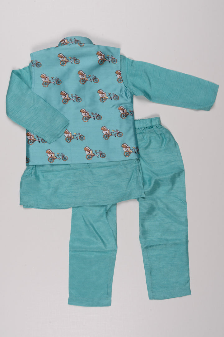 The Nesavu Boys Jacket Sets Playful Cartoon Printed Overcoat with Mandarin Collar Blue Kurta Pant Set for Boys Nesavu Boys Cartoon-Printed Overcoat with Blue Mandarin Collar Kurta Pant Set: Traditional Kids' Wear Fusion-The Nesavu