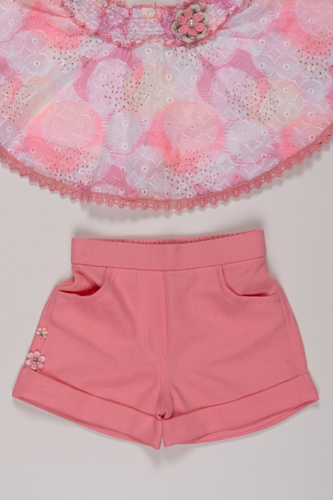 The Nesavu Baby Casual Sets Playful Pink Halter Top & Shorts Set with Lace Accents for Girls Nesavu Girls Lace Detail Summer Set | Pink Casual Outfit | Stylish Kids Playwear | The Nesavu