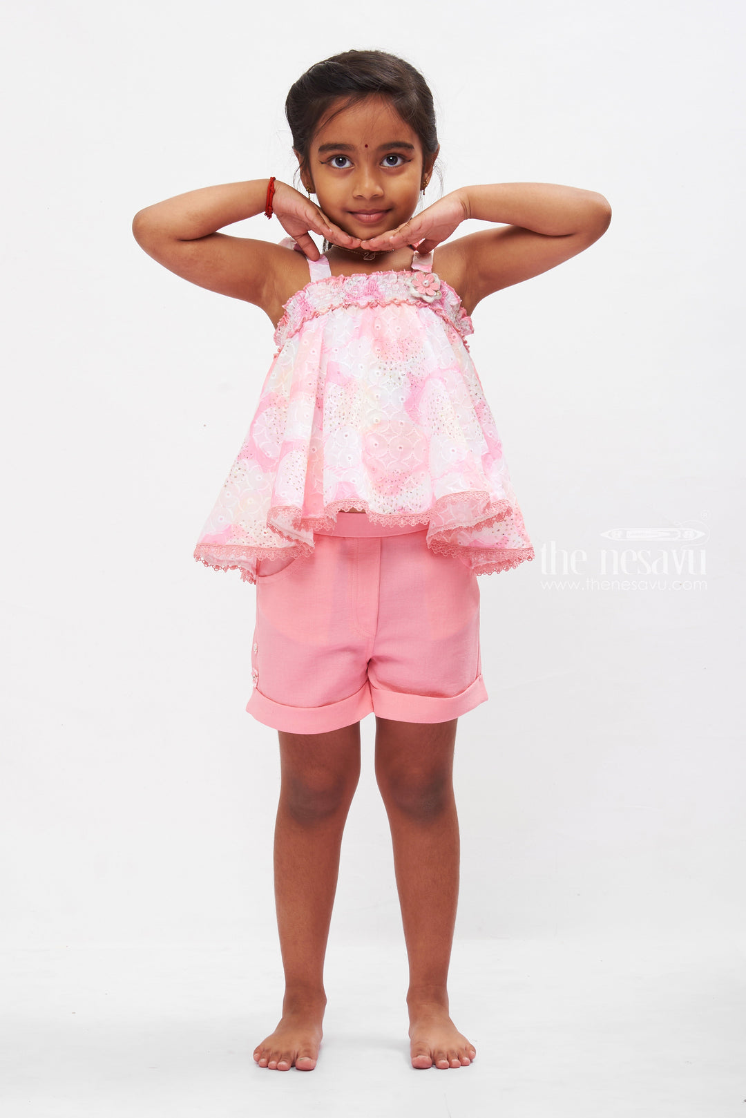 The Nesavu Baby Casual Sets Playful Pink Halter Top & Shorts Set with Lace Accents for Girls Nesavu Girls Lace Detail Summer Set | Pink Casual Outfit | Stylish Kids Playwear | The Nesavu