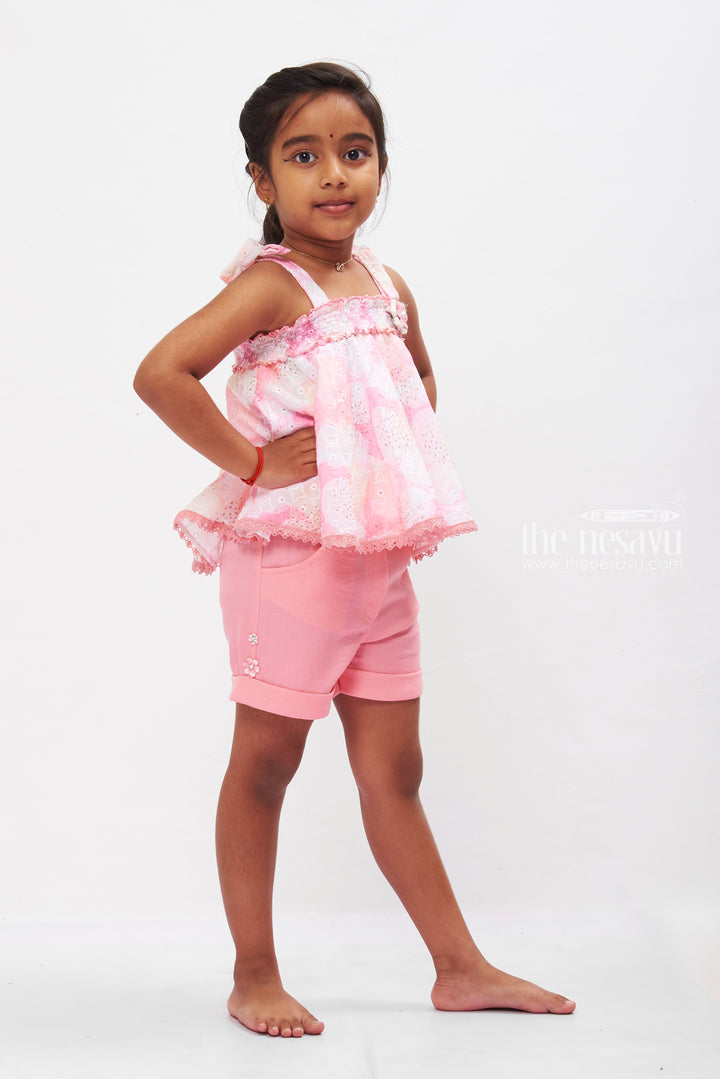 The Nesavu Baby Casual Sets Playful Pink Halter Top & Shorts Set with Lace Accents for Girls Nesavu Girls Lace Detail Summer Set | Pink Casual Outfit | Stylish Kids Playwear | The Nesavu