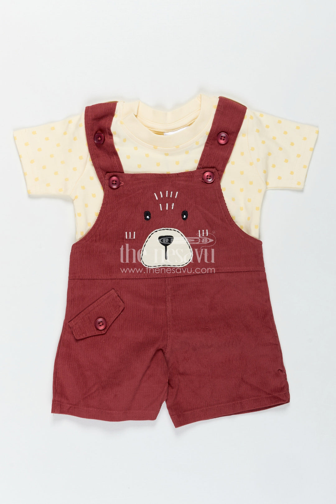 The Nesavu Boys Casual Set Playful Toddler Dress with Bear Face Embroidered Dungarees and Yellow Polka Dot Tee for Boys Nesavu 12 (3M) / Red BCS323A-12 Nesavu Playful Toddler Dress Boys Bear Embroidered Dungarees Polka Dot Tee
