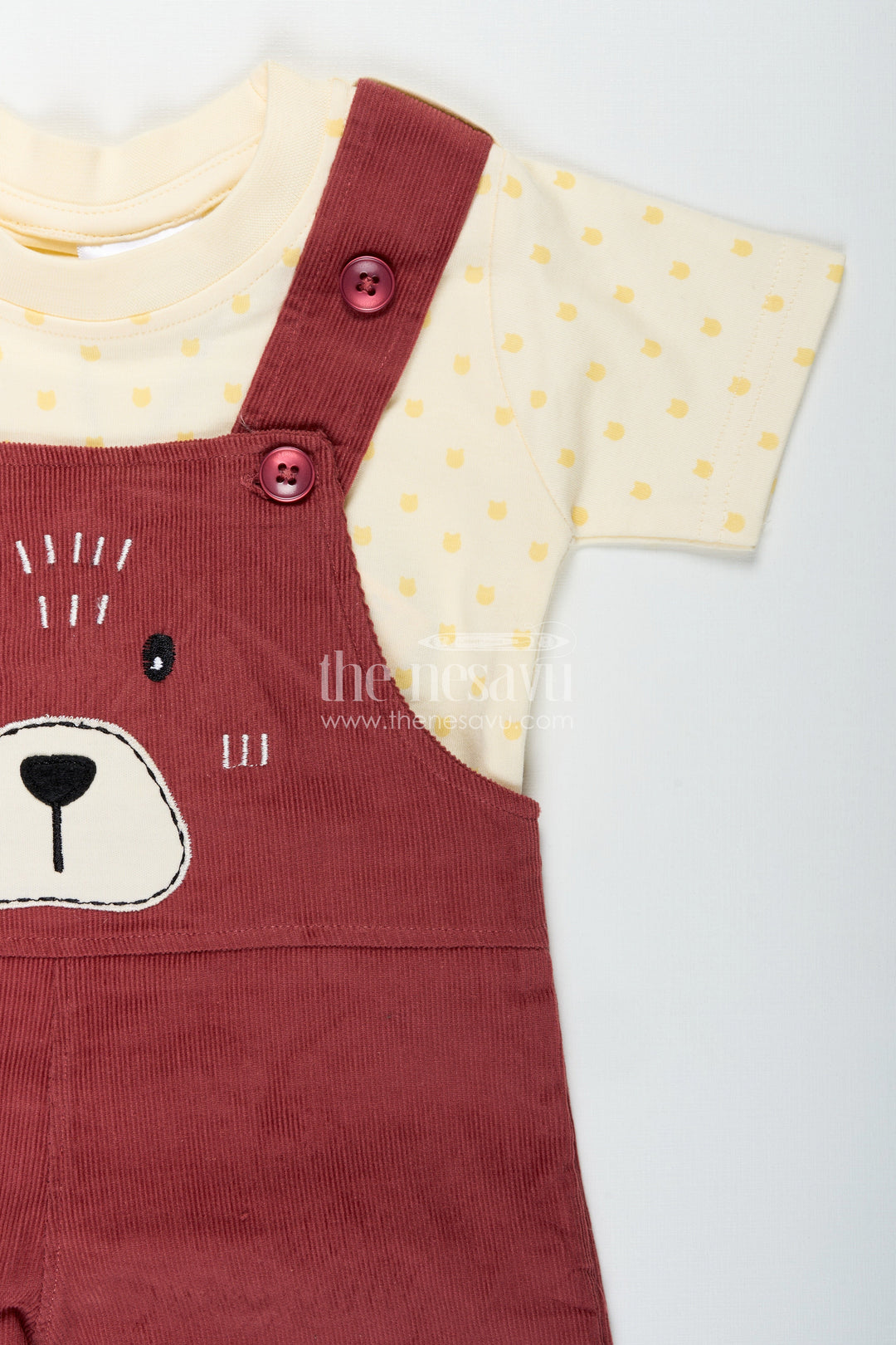 The Nesavu Boys Casual Set Playful Toddler Dress with Bear Face Embroidered Dungarees and Yellow Polka Dot Tee for Boys Nesavu Nesavu Playful Toddler Dress Boys Bear Embroidered Dungarees Polka Dot Tee
