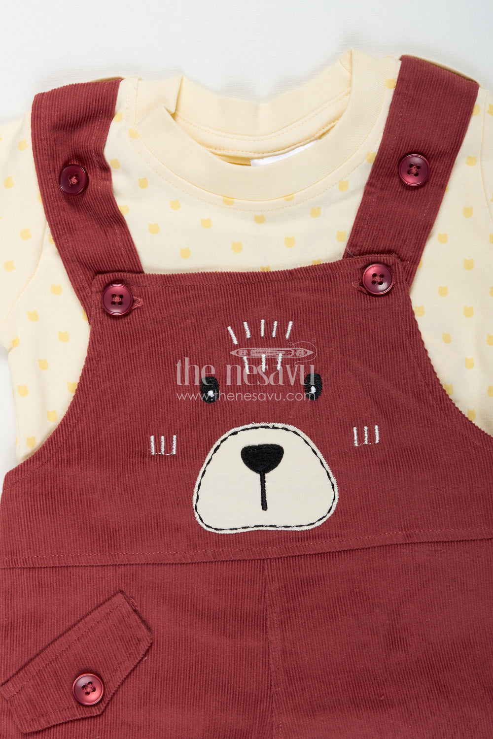 The Nesavu Boys Casual Set Playful Toddler Dress with Bear Face Embroidered Dungarees and Yellow Polka Dot Tee for Boys Nesavu Nesavu Playful Toddler Dress Boys Bear Embroidered Dungarees Polka Dot Tee