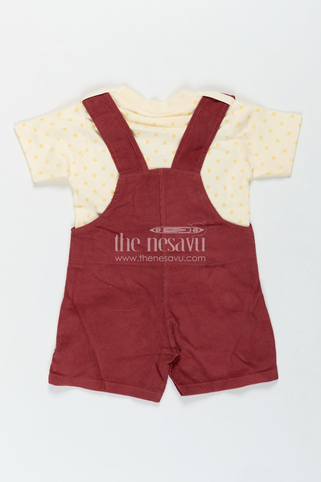 The Nesavu Boys Casual Set Playful Toddler Dress with Bear Face Embroidered Dungarees and Yellow Polka Dot Tee for Boys Nesavu Nesavu Playful Toddler Dress Boys Bear Embroidered Dungarees Polka Dot Tee