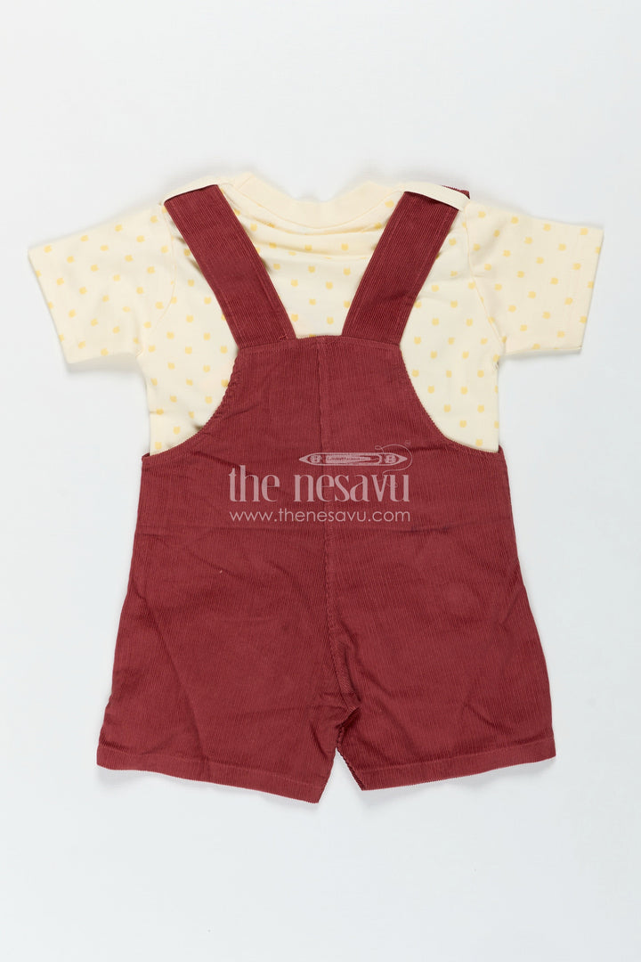 The Nesavu Boys Casual Set Playful Toddler Dress with Bear Face Embroidered Dungarees and Yellow Polka Dot Tee for Boys Nesavu Nesavu Playful Toddler Dress Boys Bear Embroidered Dungarees Polka Dot Tee