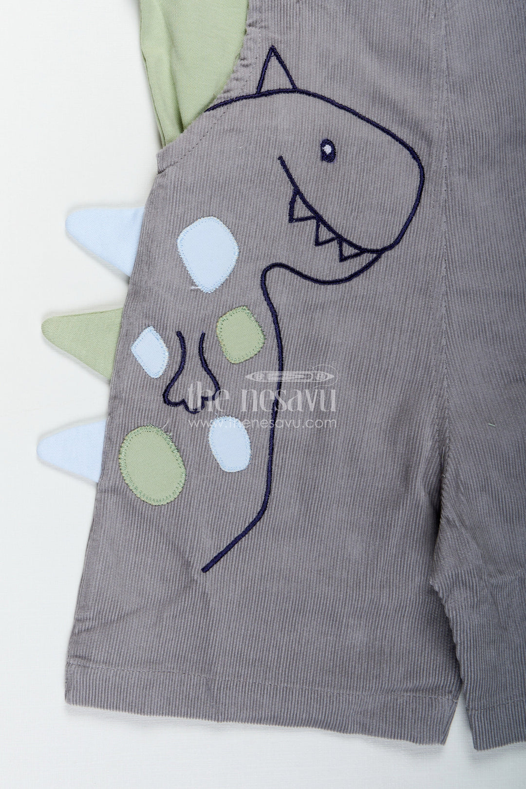 The Nesavu Boys Casual Set Playtime Outfit for Boys with Dinosaur Appliqué Overalls in Grey Corduroy and Green Cotton Tee Nesavu Nesavu Playtime Outfit Boys Dinosaur Corduroy Overalls Green Cotton Tee
