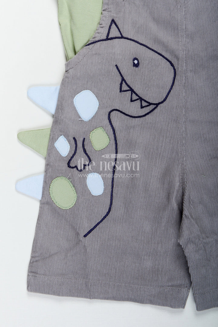 The Nesavu Boys Casual Set Playtime Outfit for Boys with Dinosaur Appliqué Overalls in Grey Corduroy and Green Cotton Tee Nesavu Nesavu Playtime Outfit Boys Dinosaur Corduroy Overalls Green Cotton Tee