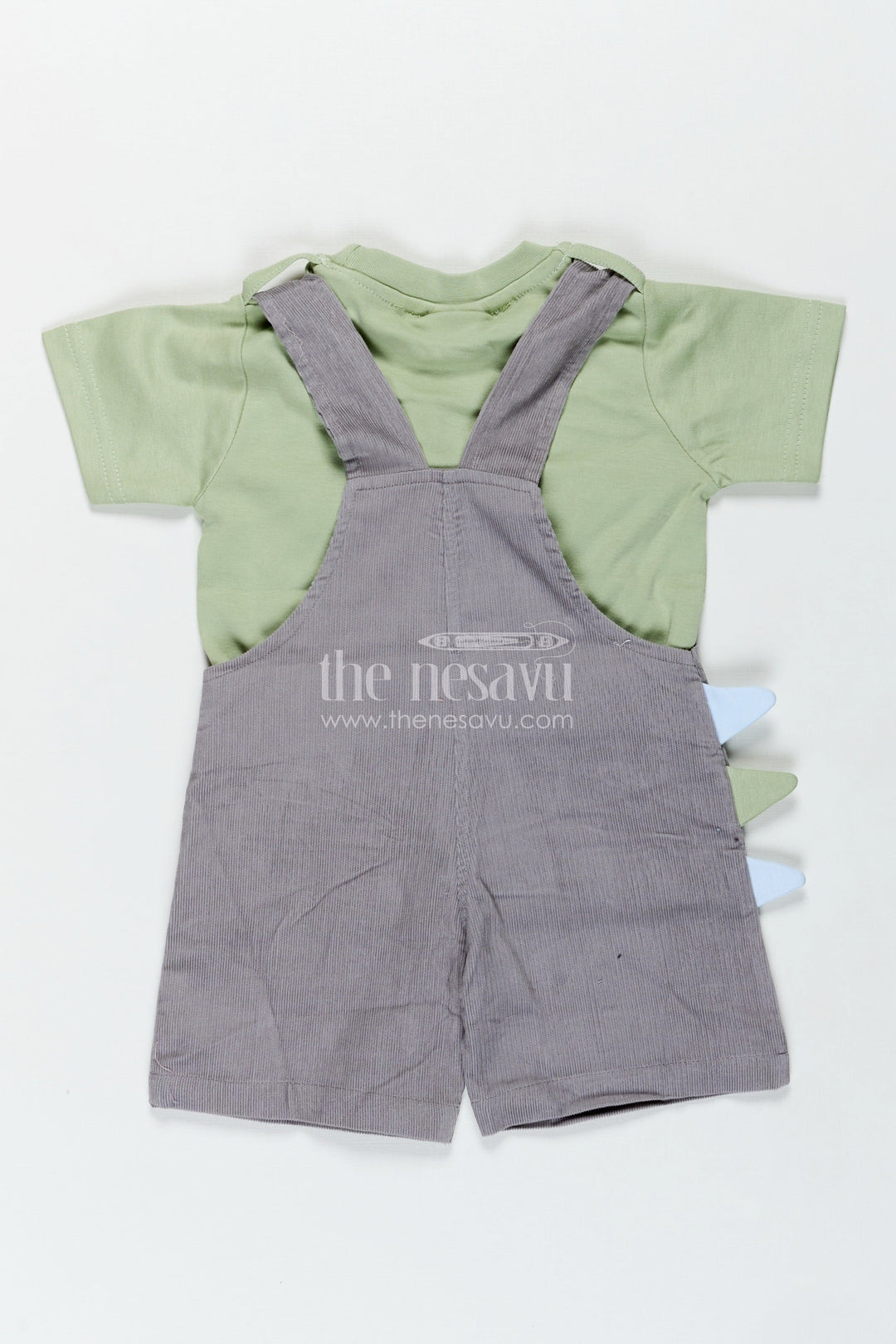 The Nesavu Boys Casual Set Playtime Outfit for Boys with Dinosaur Appliqué Overalls in Grey Corduroy and Green Cotton Tee Nesavu Nesavu Playtime Outfit Boys Dinosaur Corduroy Overalls Green Cotton Tee