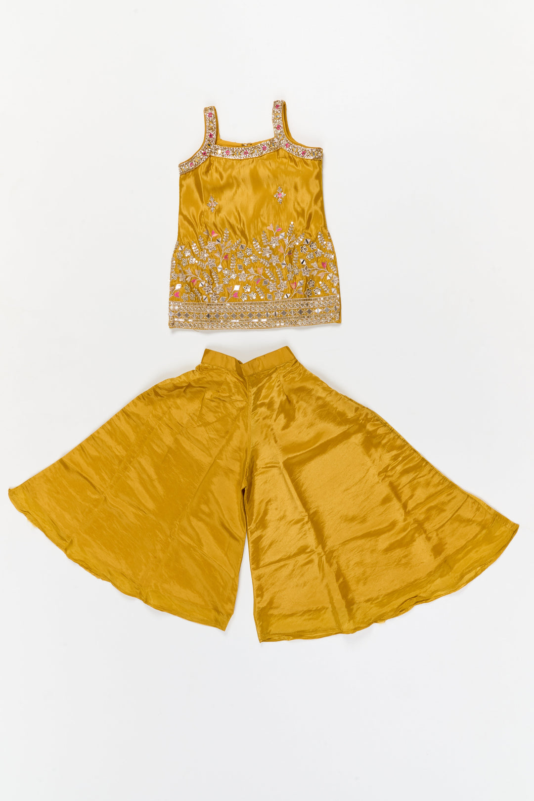 The Nesavu Girls Sharara / Plazo Set Plazo Outfit for Girls with Mirror Work Yoke and Festive Dupatta Nesavu 18 (2Y) / Yellow / Georgette GPS959B-18 Nesavu girls festive plazo set with mirror work blouse and dupatta – ideal for birthdays and school ethnic days