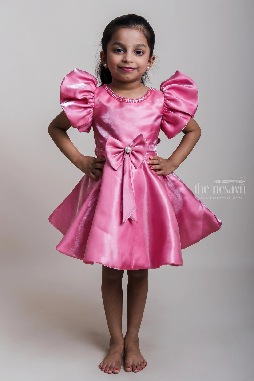 The Nesavu Girls Fancy Party Frock Pleasant Pink Neck Embellished Designer Frocks For Girls Nesavu 16 (1Y) / Pink PF104B-16 Designer Pink Frocks For Girls 2023| Silk Satin Frocks| The Nesavu