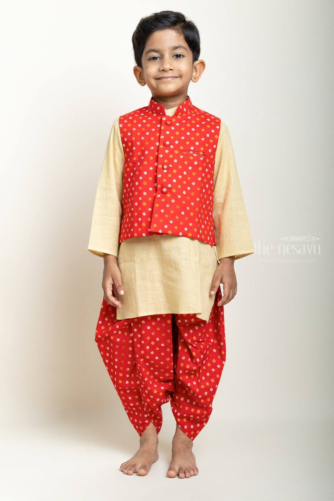 The Nesavu Boys Dothi Set Pleasing Sandal Cotton Kurta With Bandhani Printed Jacket And Dhoti For Boys Nesavu 16 (1Y) / Red / Cotton BES277 Ethnic Wear Kurta And Dhoti For Boys| Best Designs| The Nesavu