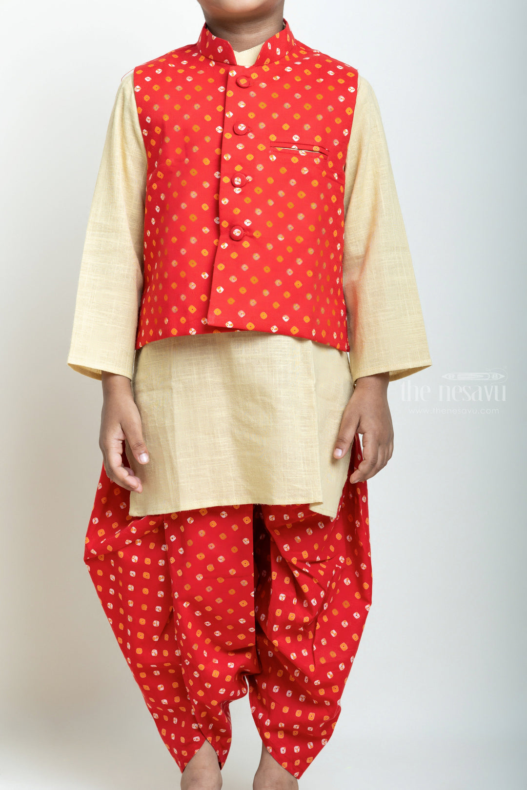 The Nesavu Boys Dothi Set Pleasing Sandal Cotton Kurta With Bandhani Printed Jacket And Dhoti For Boys Nesavu Ethnic Wear Kurta And Dhoti For Boys| Best Designs| The Nesavu