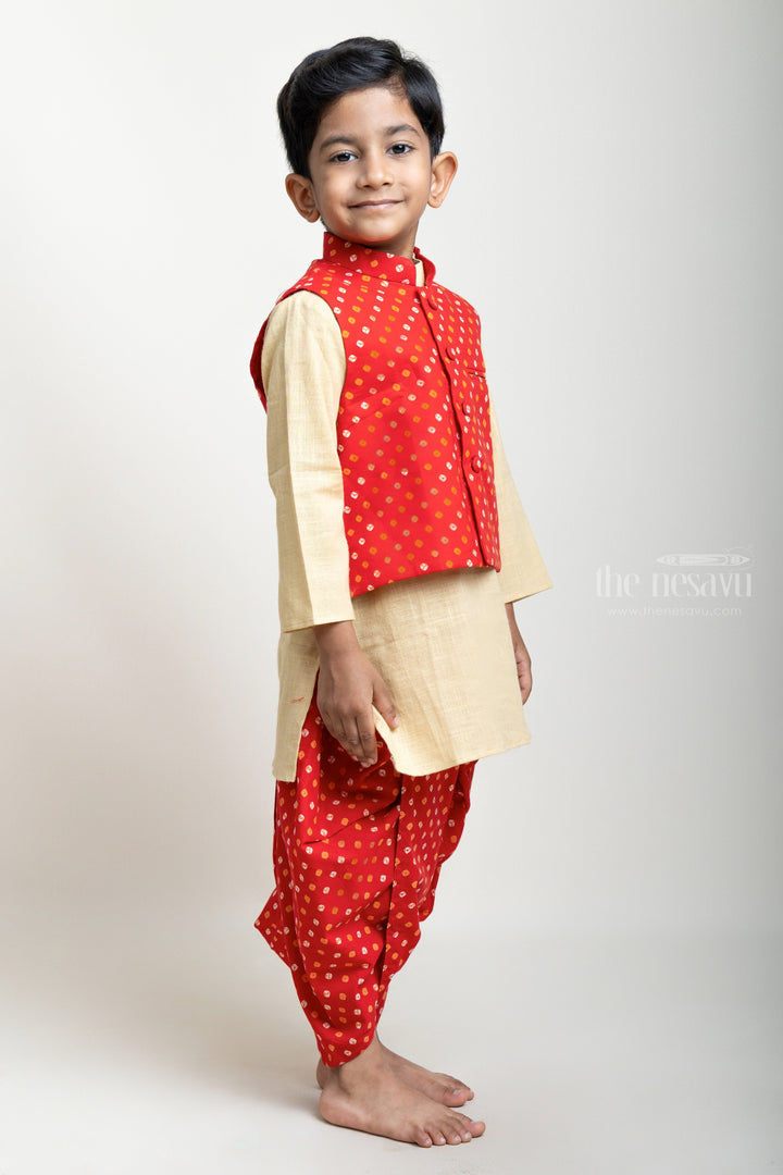 The Nesavu Boys Dothi Set Pleasing Sandal Cotton Kurta With Bandhani Printed Jacket And Dhoti For Boys Nesavu Ethnic Wear Kurta And Dhoti For Boys| Best Designs| The Nesavu
