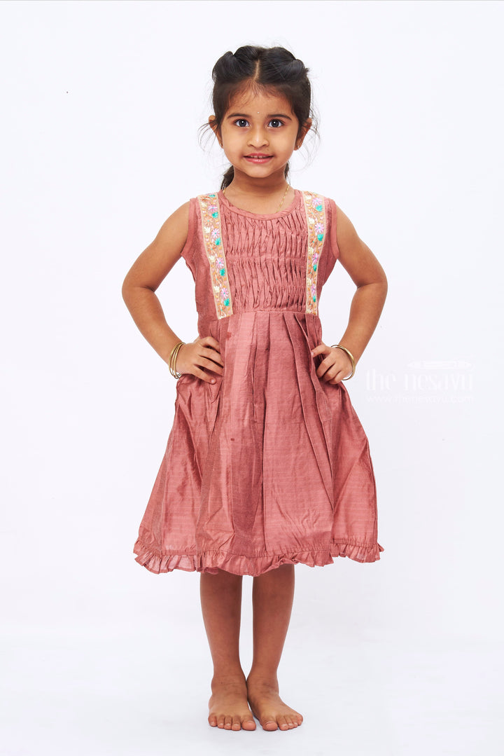 The Nesavu Girls Cotton Frock Pleated Brown Cotton Frock with Floral Lace Detailing for Girls Nesavu 16 (1Y) / Brown / Chanderi GFC1239A-16 Girls' Brown Cotton Pleated Dress | Floral Lace Detail | Comfortable Casual Wear | The Nesavu