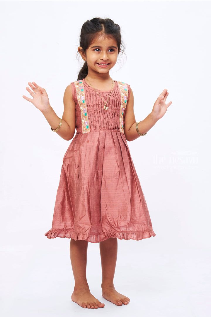 The Nesavu Girls Cotton Frock Pleated Brown Cotton Frock with Floral Lace Detailing for Girls Nesavu Girls' Brown Cotton Pleated Dress | Floral Lace Detail | Comfortable Casual Wear | The Nesavu