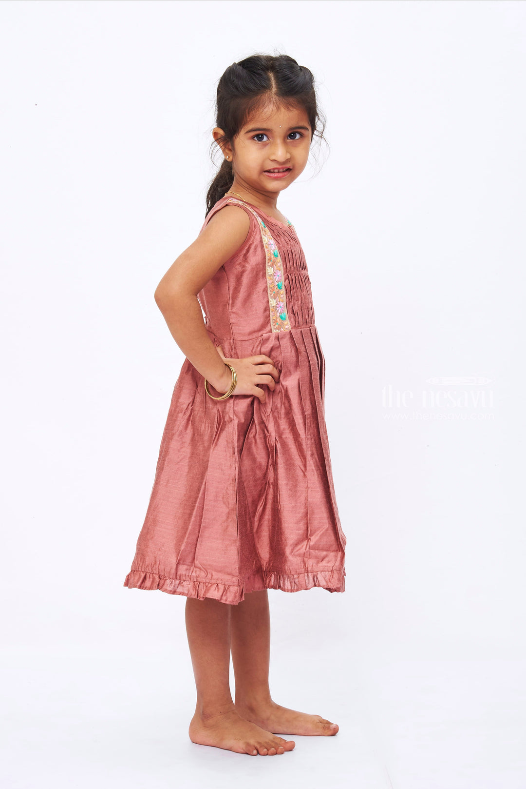 The Nesavu Girls Cotton Frock Pleated Brown Cotton Frock with Floral Lace Detailing for Girls Nesavu Girls' Brown Cotton Pleated Dress | Floral Lace Detail | Comfortable Casual Wear | The Nesavu