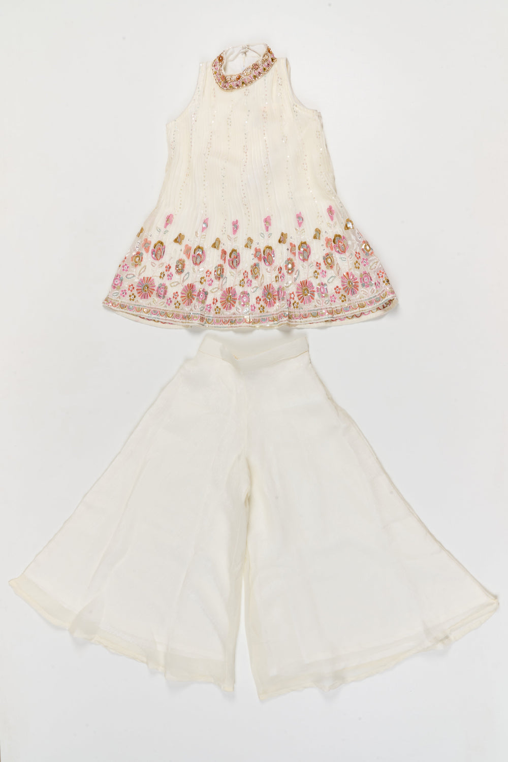 The Nesavu Girls Sharara / Plazo Set Pleated Georgette Sharara Set for Girls with Thread Embroidery for Milestone Moments Nesavu 26 (6Y) / Half white / Georgette GPS961A-26 Nesavu pleated georgette sharara set with thread embroidery and dupatta – perfect for birthdays and naming ceremonies