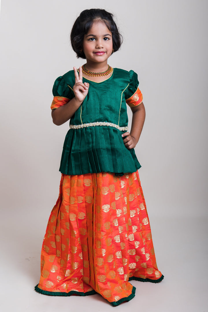 The Nesavu Pattu Pavadai Pleated Green Peplum Blouse And Pink Brocade Printed Silk Skirt For Baby Girls Nesavu 16 (1Y) / Orange / Jacquard GPP248C-16 Girls Ethnic Wear Online | Latest Silk Pattu Pavada Sattai | The Nesavu