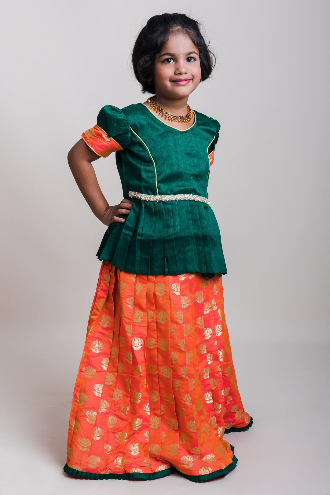 The Nesavu Pattu Pavadai Pleated Green Peplum Blouse And Pink Brocade Printed Silk Skirt For Baby Girls Nesavu Girls Ethnic Wear Online | Latest Silk Pattu Pavada Sattai | The Nesavu