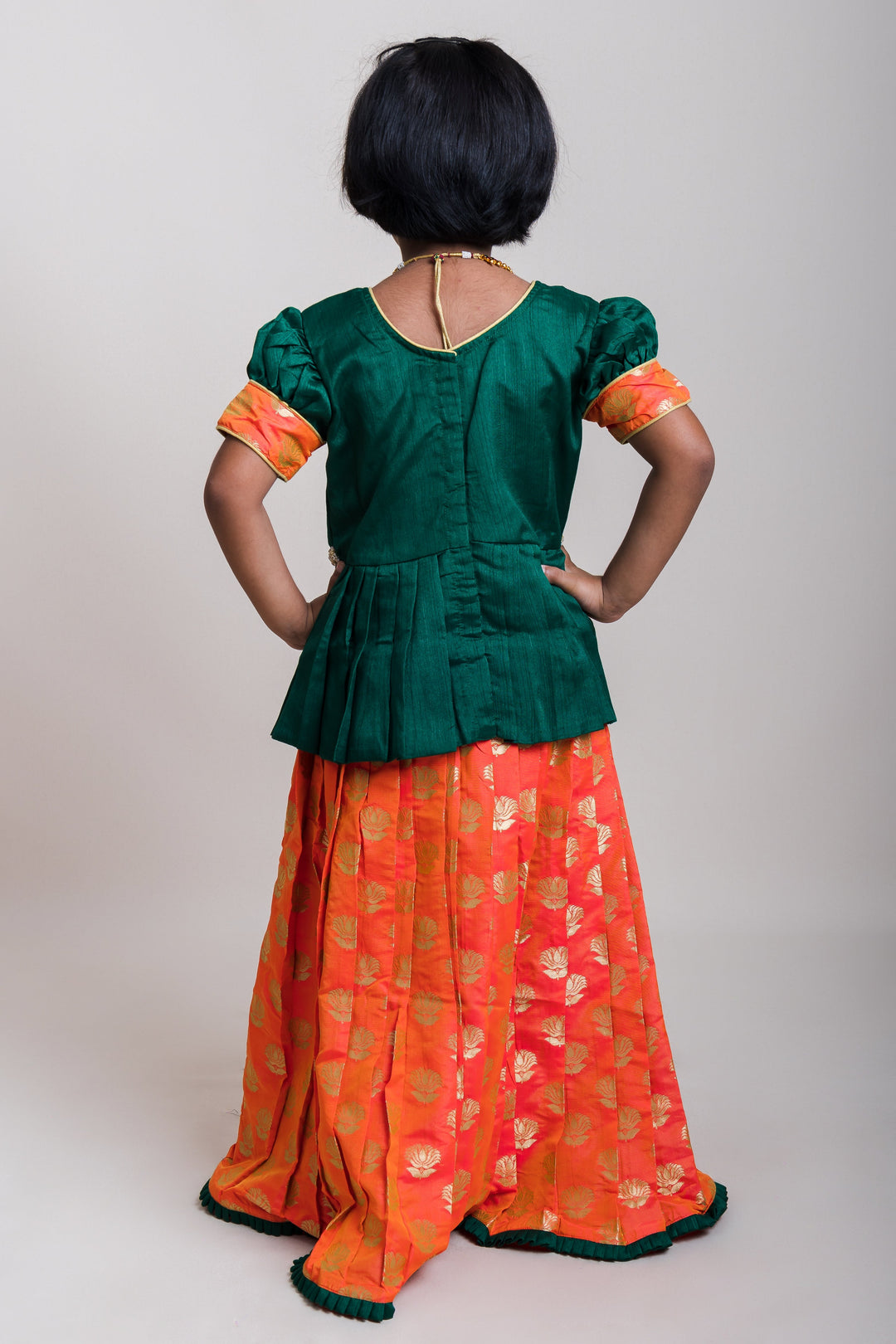The Nesavu Pattu Pavadai Pleated Green Peplum Blouse And Pink Brocade Printed Silk Skirt For Baby Girls Nesavu Girls Ethnic Wear Online | Latest Silk Pattu Pavada Sattai | The Nesavu