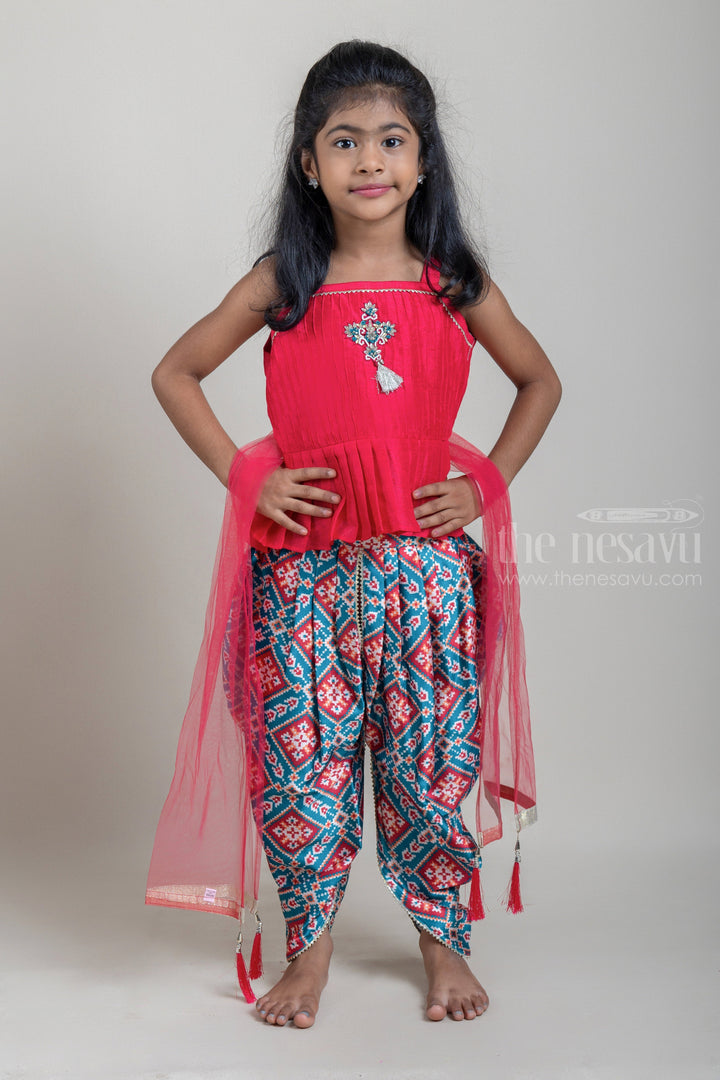 The Nesavu Sets & Suits Pleated Peplum Pattern Red Top and Ikat Printed Green Pyjama Pant for Girls with Organza Dupatta psr silks Nesavu 16 (1Y) / Red GPS152A