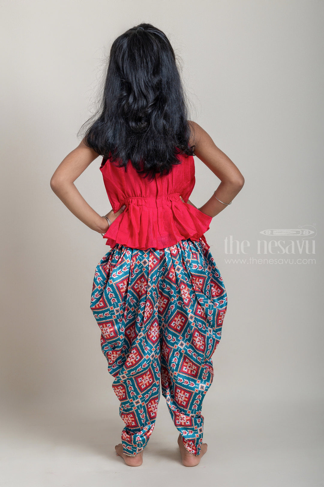 The Nesavu Sets & Suits Pleated Peplum Pattern Red Top and Ikat Printed Green Pyjama Pant for Girls with Organza Dupatta psr silks Nesavu